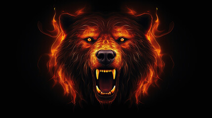 Bear's face with glowing eyes on a dark background