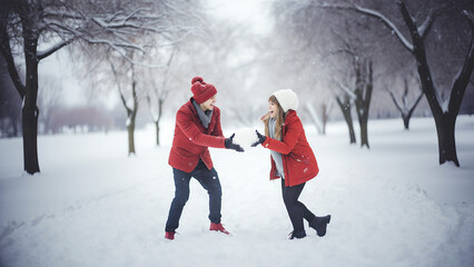 Fototapeta na wymiar A loving couple in red jackets plays snowballs in the park.