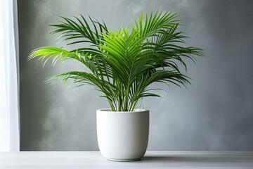 Exquisite areca palm in white pot on table indoors. Generative AI