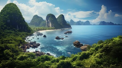 Paisaje pintoresco.Oceano y monta?+/-as.Viajes y aventuras alrededor del mundo.Islas de Tailandia.Phuket - obrazy, fototapety, plakaty
