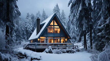  a cabin in the middle of a forest with snow on the ground.  generative ai - obrazy, fototapety, plakaty