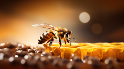 Nature's Artistry: Close-Up of a Yellow and Black Bee Gracefully Soaring Above Golden Organic Honey