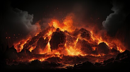  a large group of rocks covered in fire and smoke with a black background.  generative ai