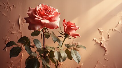  a pink rose is in a vase on a table next to a wall.  generative ai