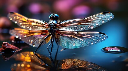 Fototapeta na wymiar a dragonfly sitting on top of a puddle of water. generative ai