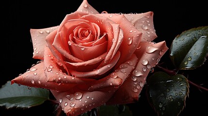  a pink rose with water droplets on it's petals.  generative ai