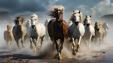  a group of horses running along a beach in the sand.  generative ai