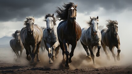  a herd of horses running across a dirt field under a cloudy sky.  generative ai