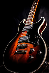 Close up of a guitar with black background