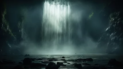 Foto op Plexiglas  a waterfall in the middle of a dark forest filled with rocks.  generative ai © Jevjenijs
