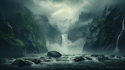  a waterfall with a waterfall in the middle surrounded by mountains.  generative ai