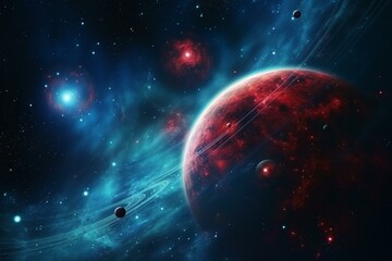 Image of distant planets orbiting around red and blue stars in deep space. Science fiction ambiance with elements provided by NASA. Generative AI