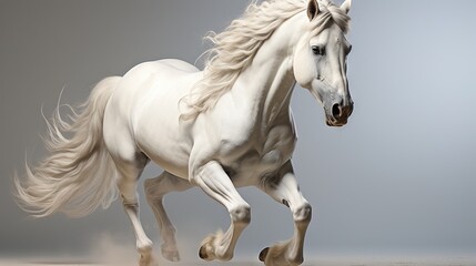  a white horse is galloping on a gray background with dust.  generative ai