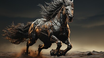  a black horse running across a desert covered with rocks and dirt.  generative ai