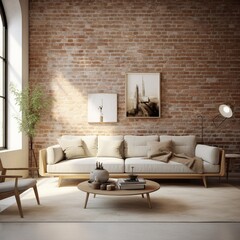 Sleek sofa situated in a Scandinavian-inspired living area adorned with a brick wall