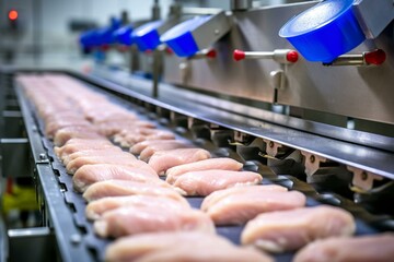 Food production line with chicken fillet conveyor, in a modern poultry processing plant. Generative AI