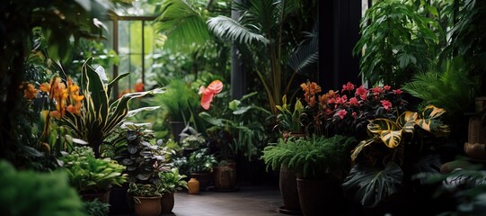 Fototapeta na wymiar Interior home garden full of beautiful lush plants, tropical indoor plants, orchid, green grass, air plant in different design pots, with empty copy space.
