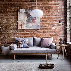 Stylish settee placed in a Scandinavian-style living space against a brick wall