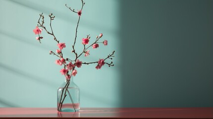Pink blossoms in a glass vase with shadows isolated on wooden surface on turquoise green background, spring still life concept, with copy space.