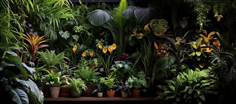 Interior home garden full of beautiful lush plants, tropical indoor plants, orchid, green grass, air plant in different design pots, with empty copy space.