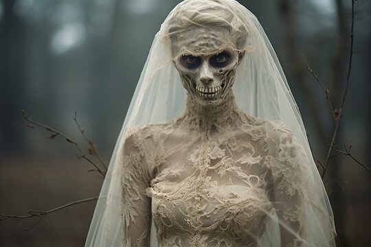 Close up of a beautiful zombie bride on blurred street, Halloween sugar skull party and costume idea, with copy space.