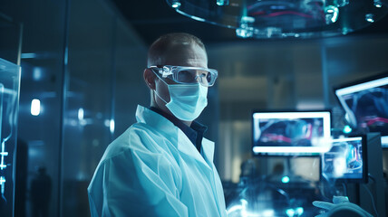 portrait doctor working in futuristic hospital with medical high tech healthcare.,generative ai