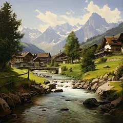Küchenrückwand glas motiv Swiss landscape with river stream and houses © Wajid