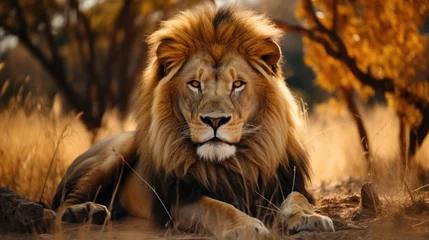 Foto op Aluminium A big, well-fed lion enjoys life and lies in the yellow grass © Veniamin Kraskov