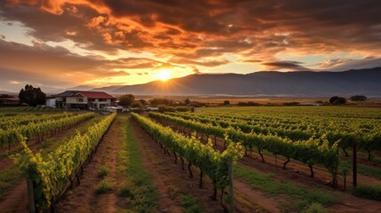 Fototapeta na wymiar sunset over vinery in Chile for agriculture or vinevard background