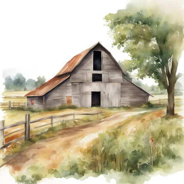 Farm Barn House - Handpainted Watercolor Painting Drawing - Generative AI