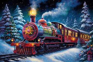 decorated Christmas tree and steam train, beautiful colorful art in a snowy magical winter setting - obrazy, fototapety, plakaty
