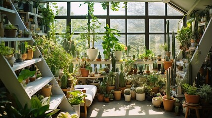 A lush home garden interior corner, cozy slow lifestyle concept with copy space.