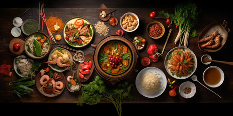 Traditional Thai food on dark background. Oriental food concept. Top view, flat lay, panorama ,generative ai