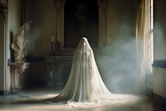 A spooky ghost standing alone on stairs of a luxury castle podium hall, Vintage religious interior background, haunting backgrounds for Halloween event and posters.