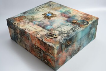 Artistic 3D box embellished with stickers. Generative AI