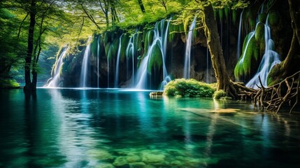 Waterfalls with clear water in Plitvice National Park Croatia