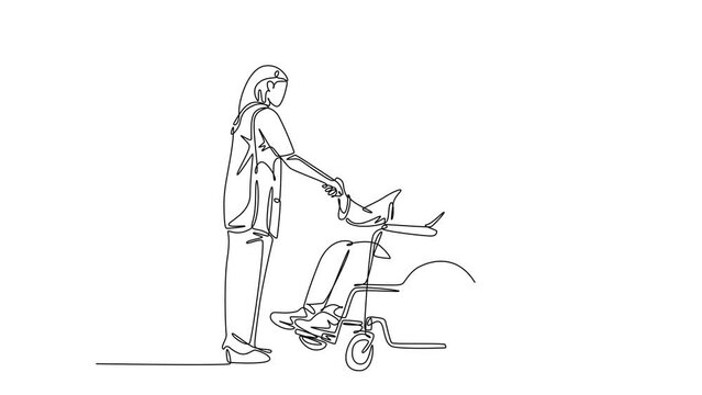 Animated self drawing of continuous line draw smart pretty female doctor visiting and handshaking the patient with wheelchair in hospital. Medical health care concept. Full length one line animation