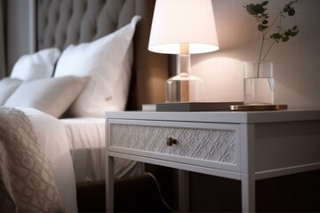 Close-up of elegant nightstand in modern and inviting bedroom with trendy decor. Generative AI