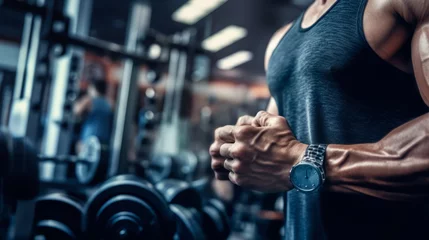 Fototapete Fitness Hands of male trainer in gym club along with some dumbbells. Man with strong muscles and hands enter at the gym for a workout. Generative ai.