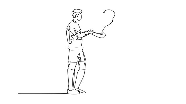 Animated self drawing of continuous line draw two football player bring ball and handshaking to show sportsmanship before starting the match. Respect in soccer sport. Full length single line animation