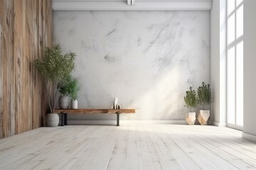 Interior with white walls, rustic style, empty and indoor background. Generative AI