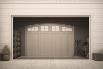 Digital representation of garage entrance with divided doors. Generative AI