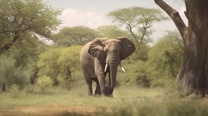 Obraz premium African elephant walking swinging his trunk against a forest background
