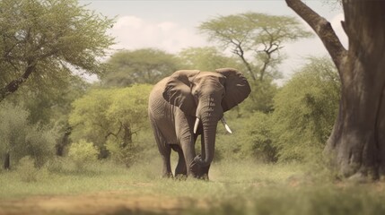 African elephant walking swinging his trunk against a forest background