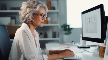 Senior adult woman working on desktop computer in glasses - obrazy, fototapety, plakaty