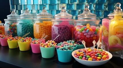 an image of a sugar rush-inducing candy buffet at a child's birthday party - obrazy, fototapety, plakaty