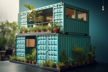 An image depicting a creative remake of container boxes as establishments like a restaurant, office, or house showcasing sustainability and recycling. Generative AI