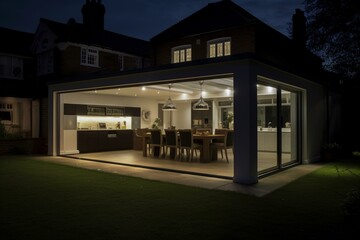 Stunning nighttime exterior of a lovely kitchen extension. Generative AI