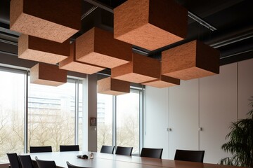 Ceiling-mounted wood wool panels for noise reduction in an office. Generative AI - obrazy, fototapety, plakaty