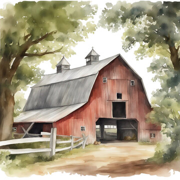 Red Farm Barn House - Handpainted Watercolor Painting Drawing - Generative AI